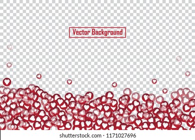 Social nets red heart floating web buttons isolated on transparent background. Heart icons for live stream video chat likes falling background vector template
