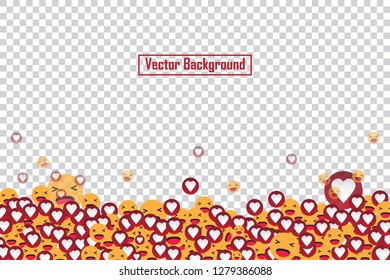 Social nets smile and red heart floating web buttons isolated on transparent background. Smile and heart icons for live stream video chat likes falling background vector template