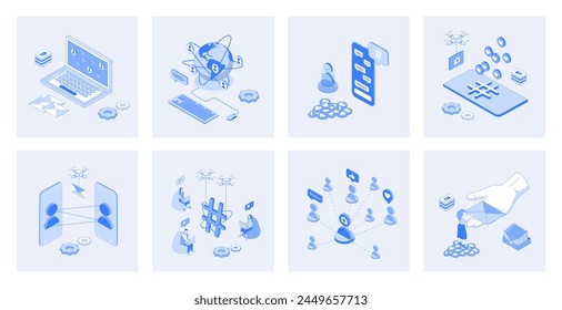 Social network 3d isometric concept set with isometric icons design for web. Collection of internet friends connection, chatting and messaging apps, posting comments with emoji. Vector illustration