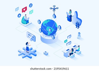 Social network 3d isometric web design. People communicate online with community of friends, view virtual content, like and comment on posts, browsing and online chatting. Vector web illustration