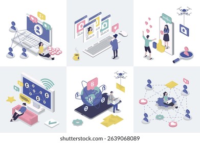 Social network 3d isometry concept for web design. Collection set with isometric people connecting and communicating online, chat with friends, commenting posts, likes and shares. Vector illustration.