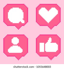 Social network 8 bit pixel art pink icons pack. Like, comment, follow, thumb-up. Notification set with heart, user, speech bubble, human hand.