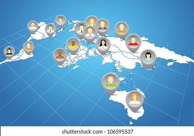 Social network abstract scheme on the Earth map in perspective