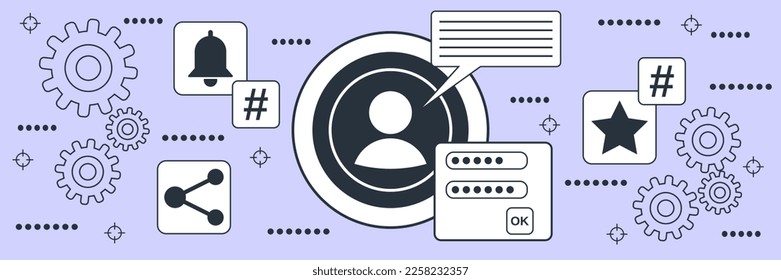 Social network account, internet security, privacy, data protection flat contour style vector concept illustration