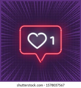 Social network activity indicators neon icon on pop art background. One like quantity significative. Notification with heart, number 1 and speech cloud. Profile management, account overview