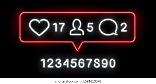 Social network activity indicators neon icon. Likes, comments, followers quantity significative. Notification with heart, user and speech cloud. Profile management, account overview