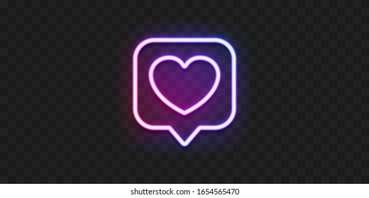 Social network activity indicators neon icon. Notification with heart