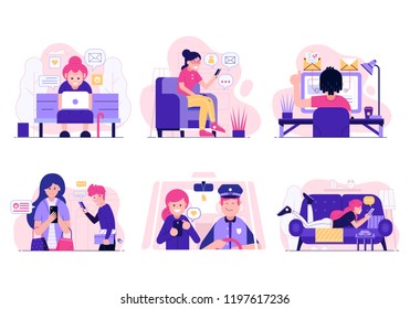 Social network activity and web surfing concept illustrations. Scenes with people using gadgets and devices at home, office and street. Smiling men and women chatting, sharing and sending messages.