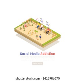 Social network addiction isometric background with view of childrens playground and parents staring at their smartphones vector illustration