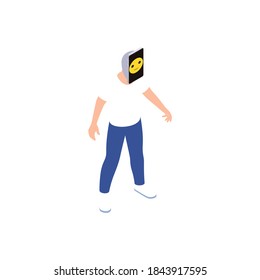 Social network addiction isometric composition with isolated image of human body with smartphone on face with emoticon vector illustration