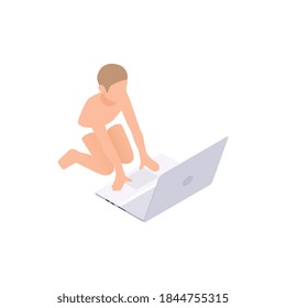 La adicción a las redes sociales composición isométrica con el personaje infantil sentado frente a la ilustración vectorial del ordenador portátil abierto