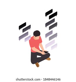 Social network addiction isometric composition with character of sitting guy with thought bubbles of smartphone messaging app vector illustration