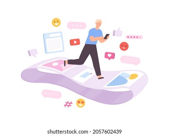 Social network addiction, man running on endless notification line. Feedback addicted character scrolls internet pages, flat vector concept. Young guy checking messages, comments and likes