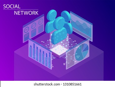 Social Network und Analyse von Nutzerprofilen Konzept. 3d isometrische Vektorgrafik.