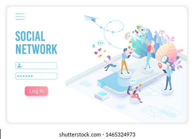 Social network app isometric landing page vector template. Online communication, chatting smartphone application website design layout. Networking, social media service login 3d concept illustration