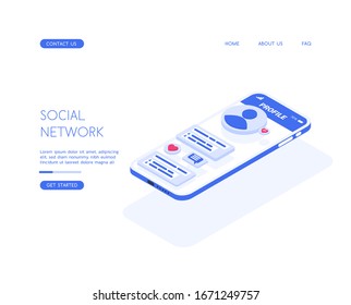 The social network application is open on the smartphone. User page with photo, likes, and comments. Vector isometric illustration of a social network mobile application.