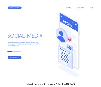 The social network application is open on the smartphone. User page with photo, likes, and comments. Vector isometric illustration of a social network mobile application.