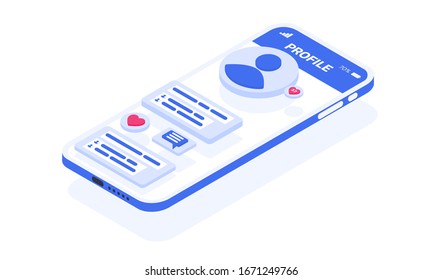 The social network application is open on the smartphone. User page with photo, likes, and comments. Vector isometric illustration of a social network mobile application.