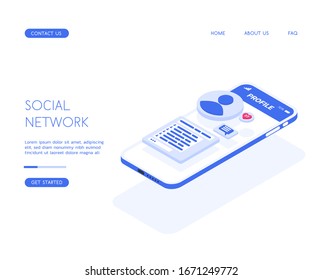 The social network application is open on the smartphone. User page with photo, likes, and comments. Vector isometric illustration of a social network mobile application.