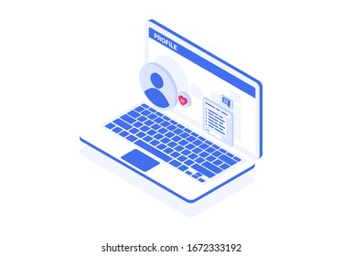 The social network application is open on the laptop. User page with photo, likes, and comments. Vector isometric illustration  