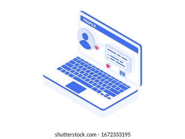 La aplicación de red social está abierta en el portátil. Página de usuario con fotos, me gusta y comentarios. Imagen vectorial isométrica de una aplicación de red social.