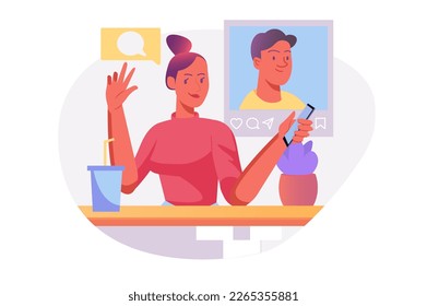 Social network Asian concept with people scene in the flat cartoon style. Girl looks at a guy's photos in one of the social networks. Vector illustration.