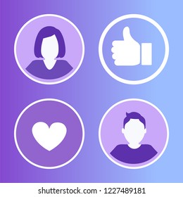 Social network avatars and profile of internet users, woman and man isolated icons. Thumb up button and heart sing, digital communication vector