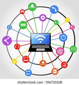 Social network background with laptop and media icons