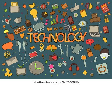 Social network background with media icons technology hand lettering and doodles elements background. Vector illustration
