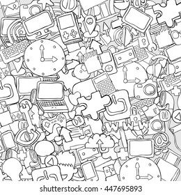 Social network background with media icons technology hand lettering and doodles elements background. drawing by hand vector.