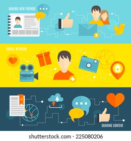 Social network banner set with making new friends sharing content isolated vector illustration