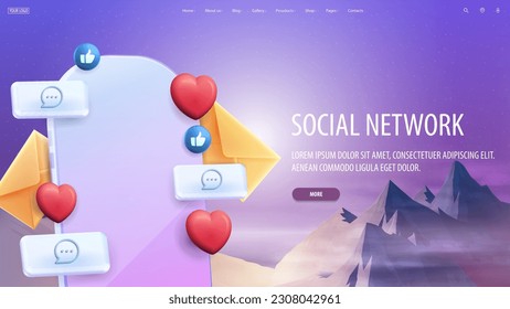 Social network, banner with smartphone screen surrounded with floating social network elements on background with landscape with mountains