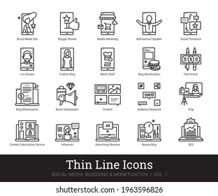 Social network, blog monetization thin line vector icons. Social media marketing, people community, blogging linear concept. Info business, content making, seo vector pictogram set. Editable strokes.