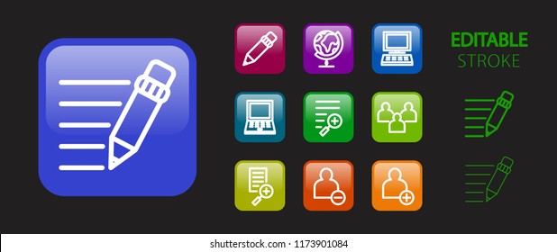 Social network, business, education, computer technology buttons. 3d icon set. Glossy colorful website icons. Editable stroke. Vector illustration. 