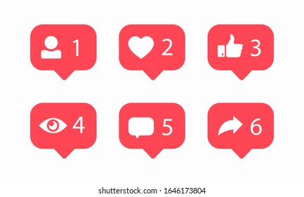 Social network button icons pack. Like, comment, follow, view, user sign. Set of templates of counter with info for social networking isolated on white background.