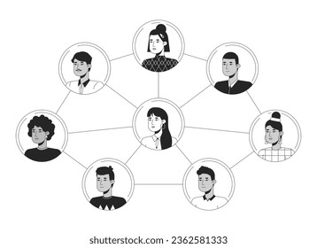 Social network bw concept vector spot illustration. People communicate. Community 2D cartoon flat line monochromatic characters on white for web UI design. Editable isolated outline hero image