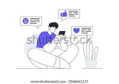 Social network. Character chatting and messaging in mobile app, browsing news feed, making posts and likes, leaving comments. Flat Cartoon Vector Illustration, icon. Stylish abstract