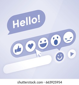 Social network chat message Hello! with emoticons buttons - thumbs up, heart, smile and mouse cursor. Idea - Online messaging and relationships.