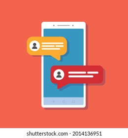 Chat en red social en el smartphone en rojo. Vector de material.