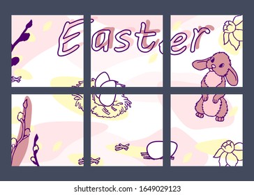 Social network collage for easter holiday. Spring set on pink backdrop with willow twig, egg, jonquil, bunny, chicken nest for media network insta news feed, paschal print. Stock vector illustration
