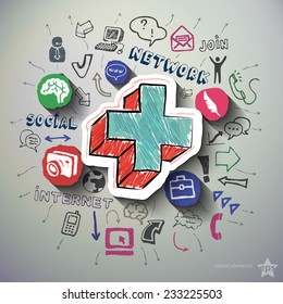 Social network collage with icons background. Vector illustration