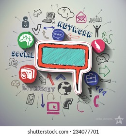 Social network collage with icons background. Vector illustration