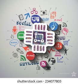 Social network collage with icons background. Vector illustration