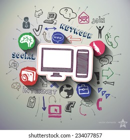 Social network collage with icons background. Vector illustration