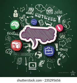 Social network collage with icons on blackboard. Vector illustration