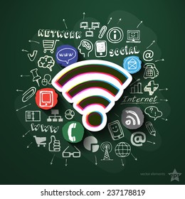 Social network collage with icons on blackboard. Vector illustration