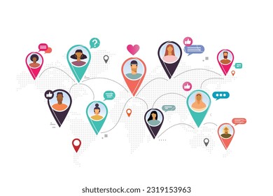 Social network with color pointers, Simple World map infographic communication template with social networking mark.