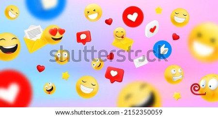 Social network communication concept with different emoji and icons. 3d vector illustration
