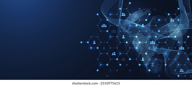 Social network communication concept. Global network connection abstract background. Horizontal header web banner. Internet technology. Business. Science. Vector illustration.