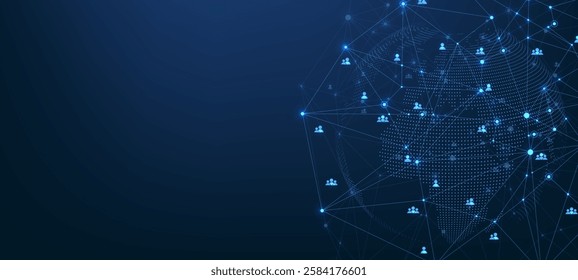 Social network communication concept. Global network connection abstract background. Deep web vector. Horizontal header web banner. Internet technology. Business. Science.
